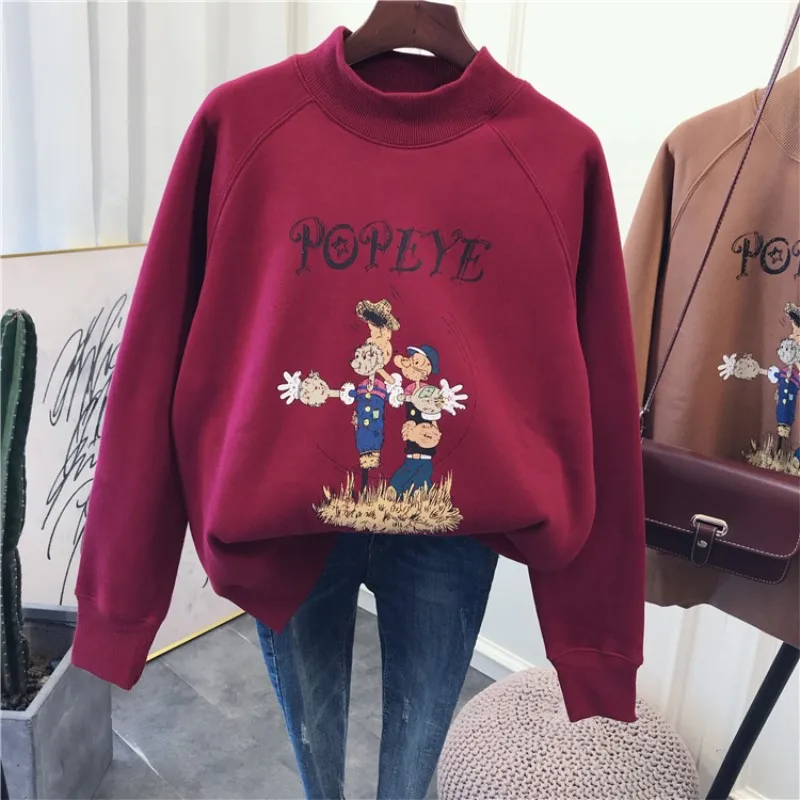 winter hoodie fleeced pullover coat women turtleneck thick sweatshirt funny cartoon print hoodies teenager