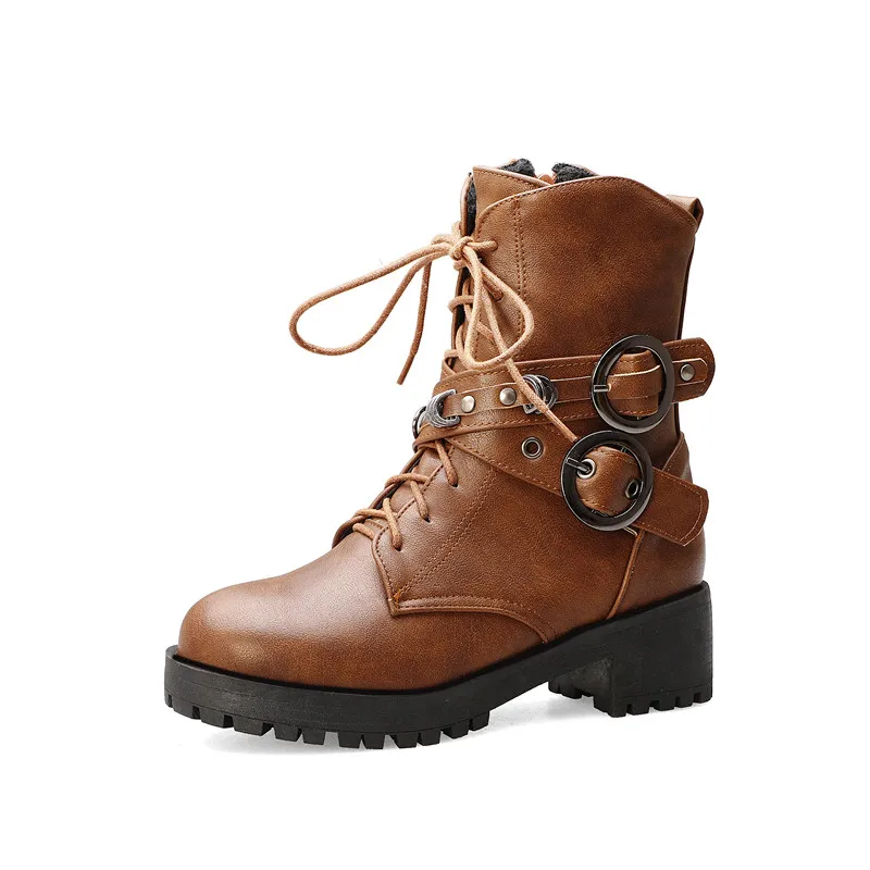 light brown boots Уличные ботинки на шнуровке с перекрестными ремешками в стиле панк Женская осенне-зимняя обувь женские армейские сапоги в стиле милитари на толстой подошве 33-43 - Цвет: light brown boots