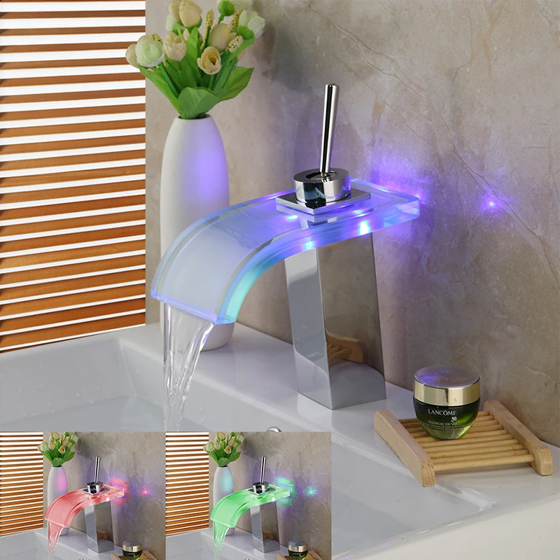 Кран для ванны Robinet Lavabo, светодиодные латунные и стеклянные смесители, хромированный Кулисный кран, смеситель для горячей и холодной воды, смеситель для ванной комнаты, краны на бортике