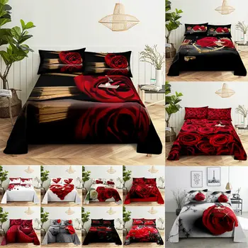 3D HD lenzuolo lino federa copertura biancheria da letto Set federa fiore rosa rossa per singolo doppio doppio re tessile vendita calda 1