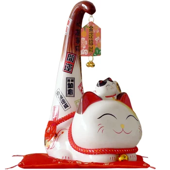 

Japanese Style Maneki Neko Ceramic Lucky Cat Cartoon Long Tail Cat Statue Feng Shui Business Ornament Home Decoration