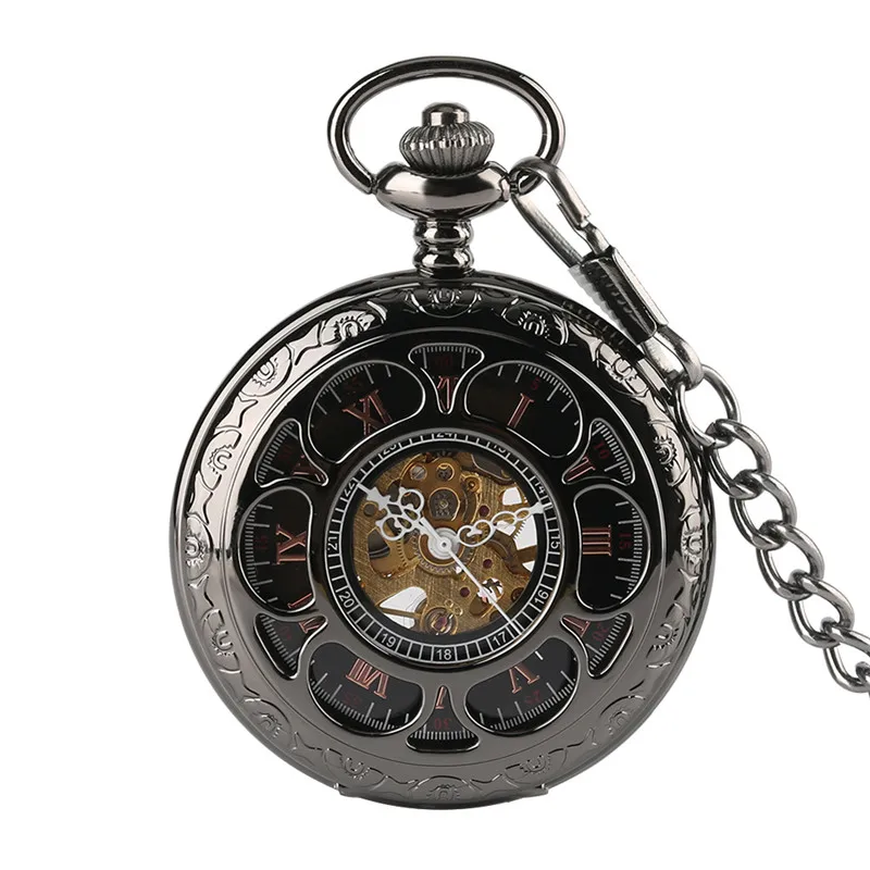 Classical Full Black Pocket Watch Hollow Out Case Unisex Handwind Mechanical Pocket Watch with Pendant Chain Rero Skeleton Clock