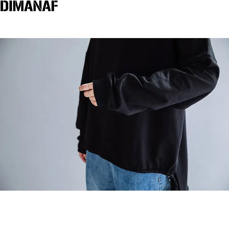 DIMANAF Autumn Winter Plus Size Women T-Shirt Basic Tunic Tops Shirts Cotton Long Sleeve Loose Casual Female Clothes Solid Black