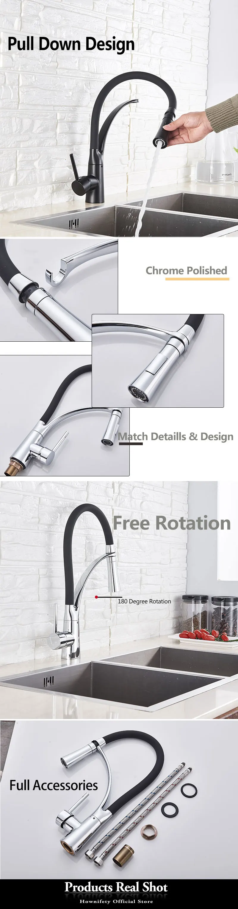 Black Chrome Finish Kitchen Faucet Deck Mount Pull Sprayer Nozzle Hot & Cold Water Kitchen Sink Faucet Mixer Taps