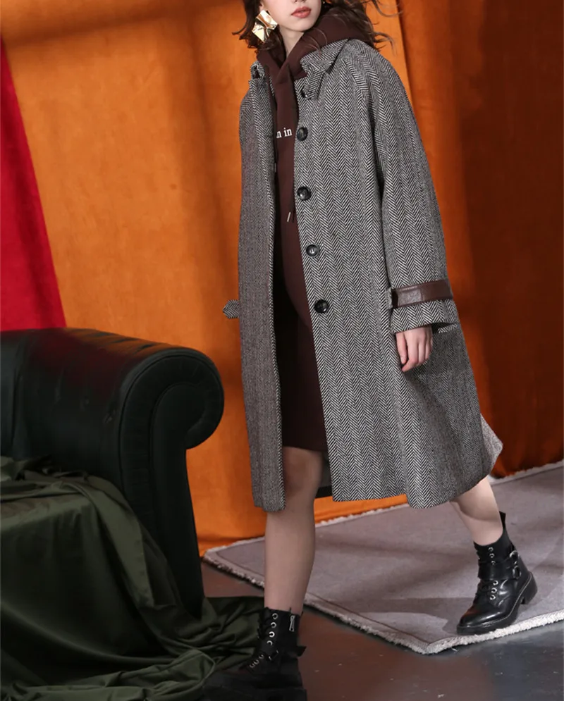 wool cotton blend twill women high grade long cardigan coat sheep leather spliced single breasted EU size S/M/L