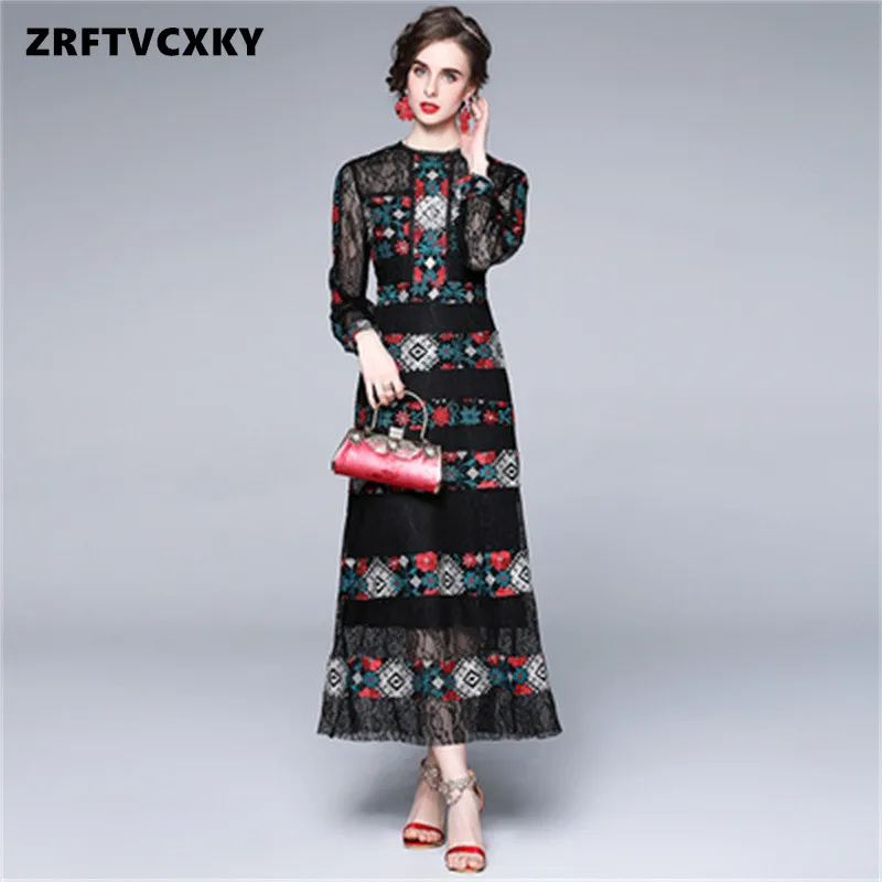 

Elegant Hollow Out Long Sleeve Mesh Dress Flower Embroidery Lace Stitching High Waist Sweet Women Party Long Dresses Vestidos