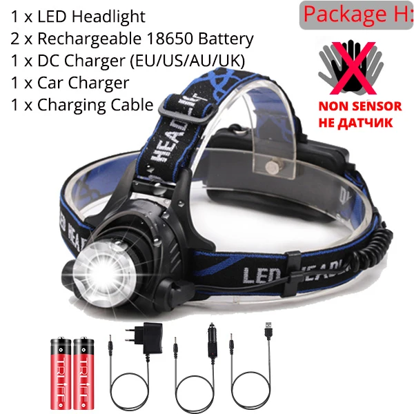 Package H ИК Сенсор головной светильник USB Перезаряжаемые V6/L2/T6 индукции светодиодный налобный фонарь для рыбалки головной светильник Фонари по 18650 Батарея - Испускаемый цвет: Package H