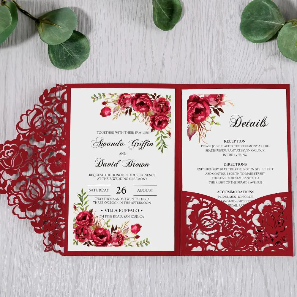 

100pcs Red Laser Cut Floral Invitation Cards for Wedding / Party / Quinceanera / Anniversary / Birthday, CW0008