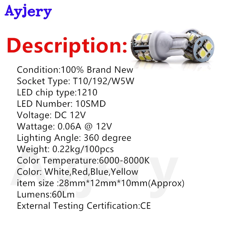 Ayjery 300 шт. T10 W5W 168 194 1210 3528 10 SMD 10 привело светового сигнала просвет Led автомобиля Автомобильный свет белого и синего цвета красный, Wedge Bulb