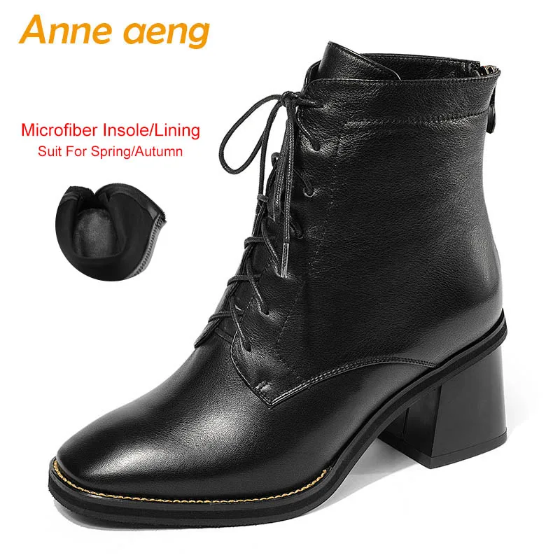 New Winter Genuine Leather Women Ankle Boots High Heel Square Toe Zip Lace-Up Fashion Women Shoes Black Warm Short Boots - Цвет: Black(Microfiber)