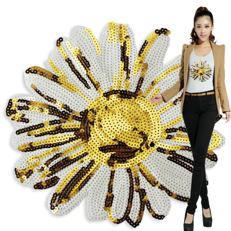 Женская футболка с блестками Подсолнух нашивки пришитые на одежду Diy наклейки 3D