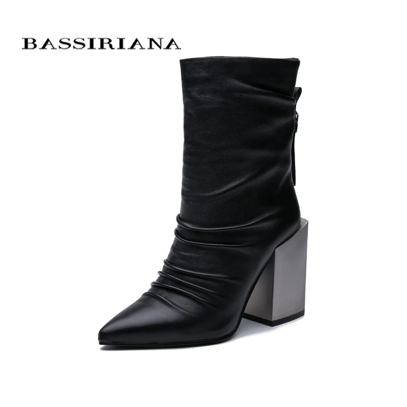 BASSIRIANA весной и осенью новые кожаные короткие сапоги женские туфли на высоком каблуке черный квадратный носок - Цвет: 999