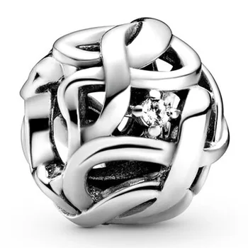 

New 925 Sterling Silver Bead Charm Openwork Woven Infinity With Crystal Beads Fit Pandora Bracelet Bangle DIY Jewelry