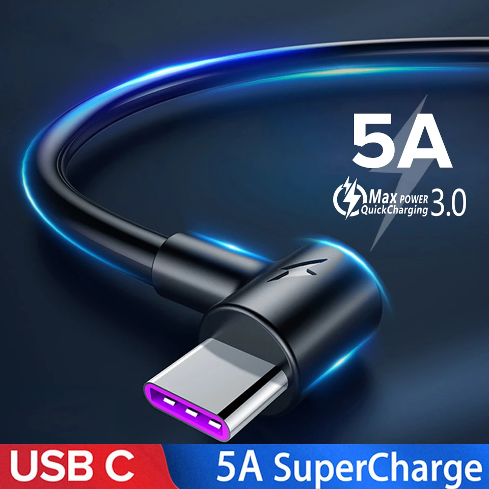 90 градусов 5A Usb Type-c кабель для быстрой зарядки Samsung S20 Plus + Xiaomi Redmi Note 9 8 Pro Cabo Тип C 2 м