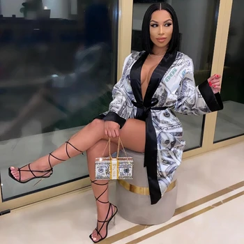 

Hirigi 2021 Print Bandage Robe for Women Long Sleeve Money Pattern Pajamas Sexy Lounge Wear Homewear Sleepwear Autumn Clothes