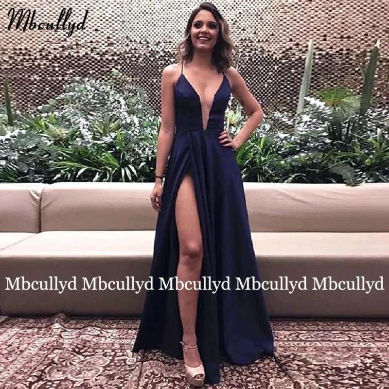 

Navy Blue Satin Evening Dresses Spaghetti Straps V Neck Special Occasion Dresses Side Split Long Prom Party Gowns for Wedding