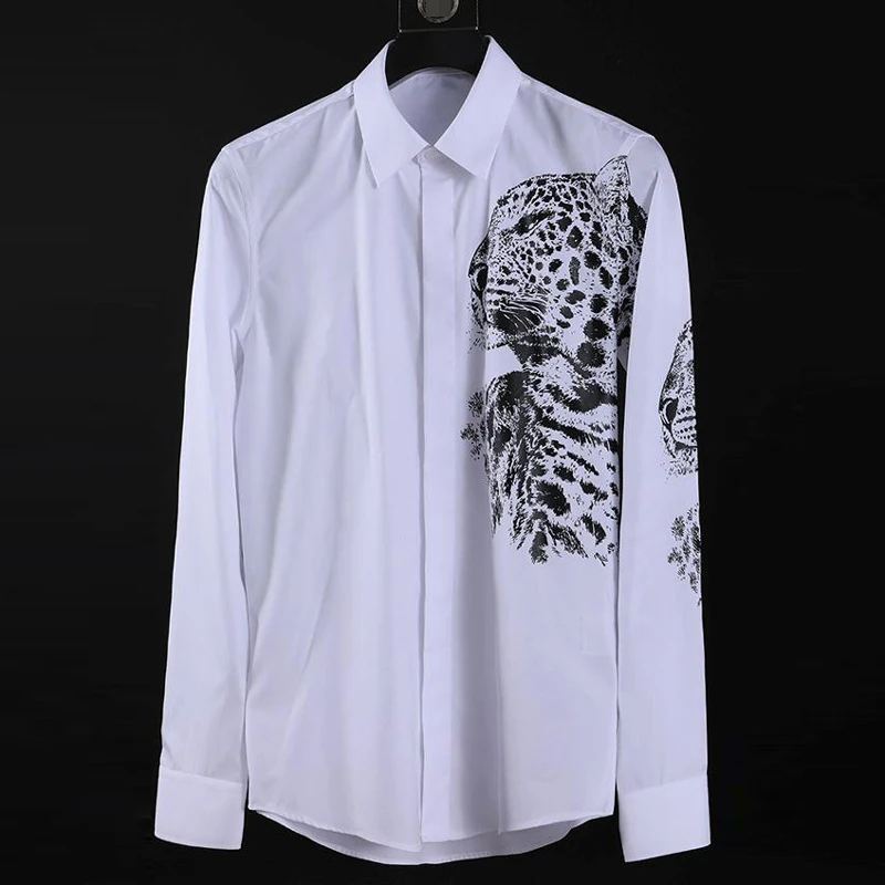 Модная мужская рубашка с леопардовым принтом, брендовая деловая Мужская рубашка с длинным рукавом, трендовая Повседневная приталенная Мужская рубашка, большие размеры M-4XL