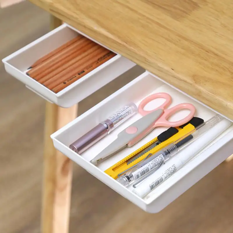 Self Stick Pencil Tray Under Desk Drawer Storage Box Hidden Stationery Organizer Stand for Pens Office Home Storage