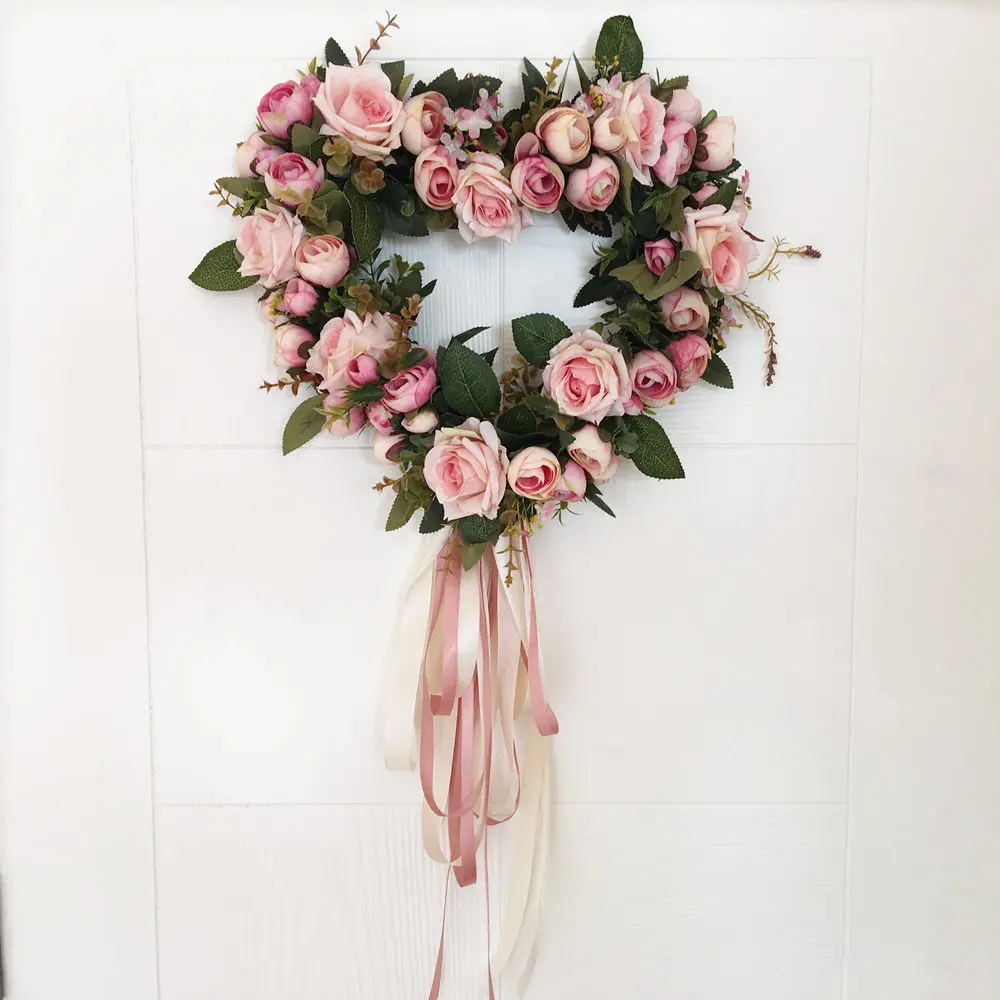 Beautiful Wedding Party Home Decor Artificial Rose Flowers Wreath Round Heart Shape Floral Loop For Wall Door Hanging Decoration - Цвет: 33cm