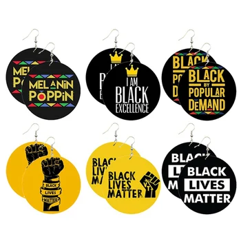 

Black Lives Matter Saying Trendy Women Print Jewelry Natural Wood Drop Earrings Melanin Poppin Afro Power Fist Pattern