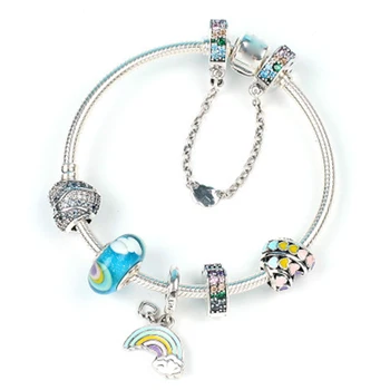 

NEW 100% 925 Sterling Silver Genuine New 1:1 Fun Series Love Rainbow Glass Love Arc Ocean Charm Heart Bracelet Set