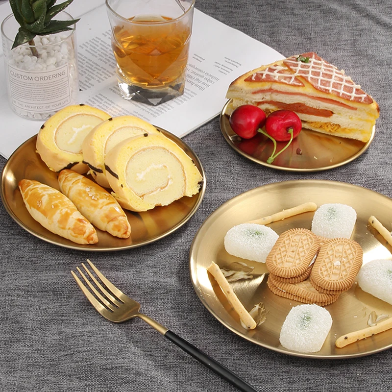

European Style Dinner Plates Gold Dining Plate Serving Dishes Dessert Fruit Cake Western Steak Roast Meat Round Kitchen Tray