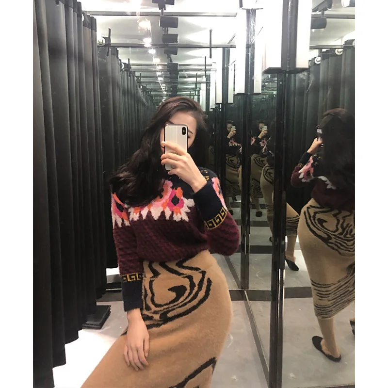

2019 Autumn Sweater New Women's Suit Goddess Turtleneck Knitted Sweater with Long Dress Two-Piece Set Women 2 Piece Set