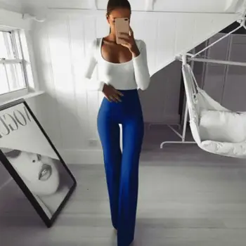 

New Fashion Women Sexy Solid Slim High Waist Fit Wide Leg Long Flared Ladies Palazzo Stretch Trousers Work Bell Bottom Pants