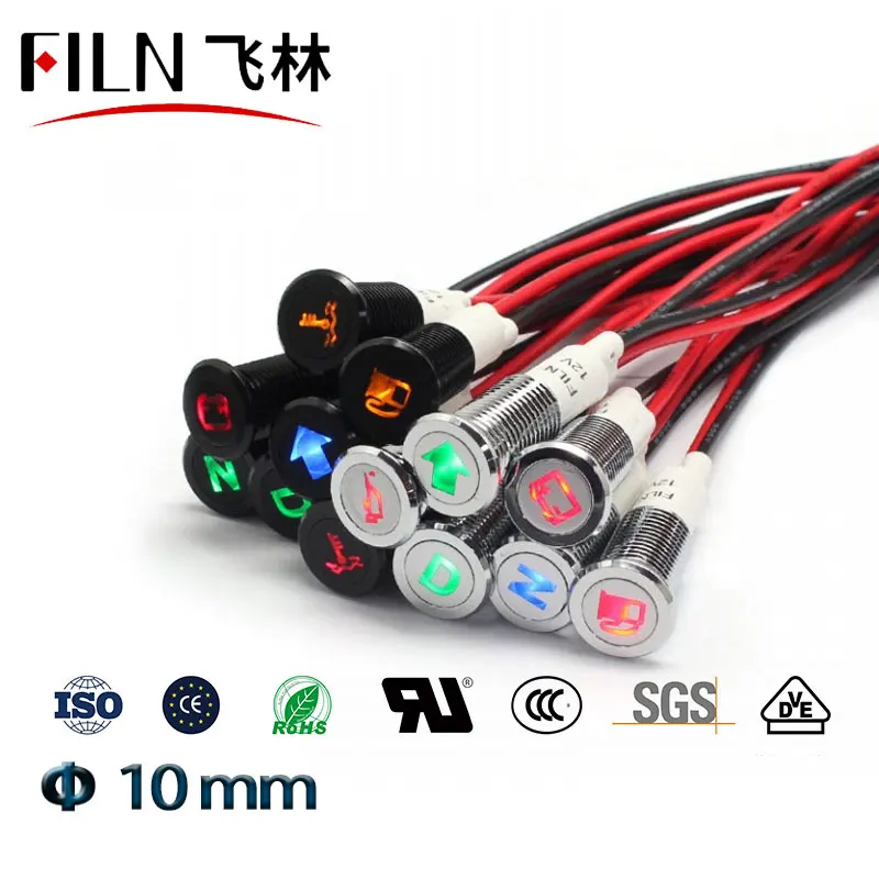 10mm voiture 12v indicateur LED lumière tableau de bord panneau avertissement symbole rouge vert bleu blanc ambre lampe pilote étanche fil menant|Voyants| | -