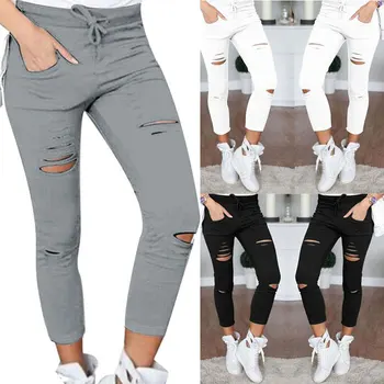 

High Waist Women Ripped Leggings Sports Casual Cutout Skinny Pants FEA889