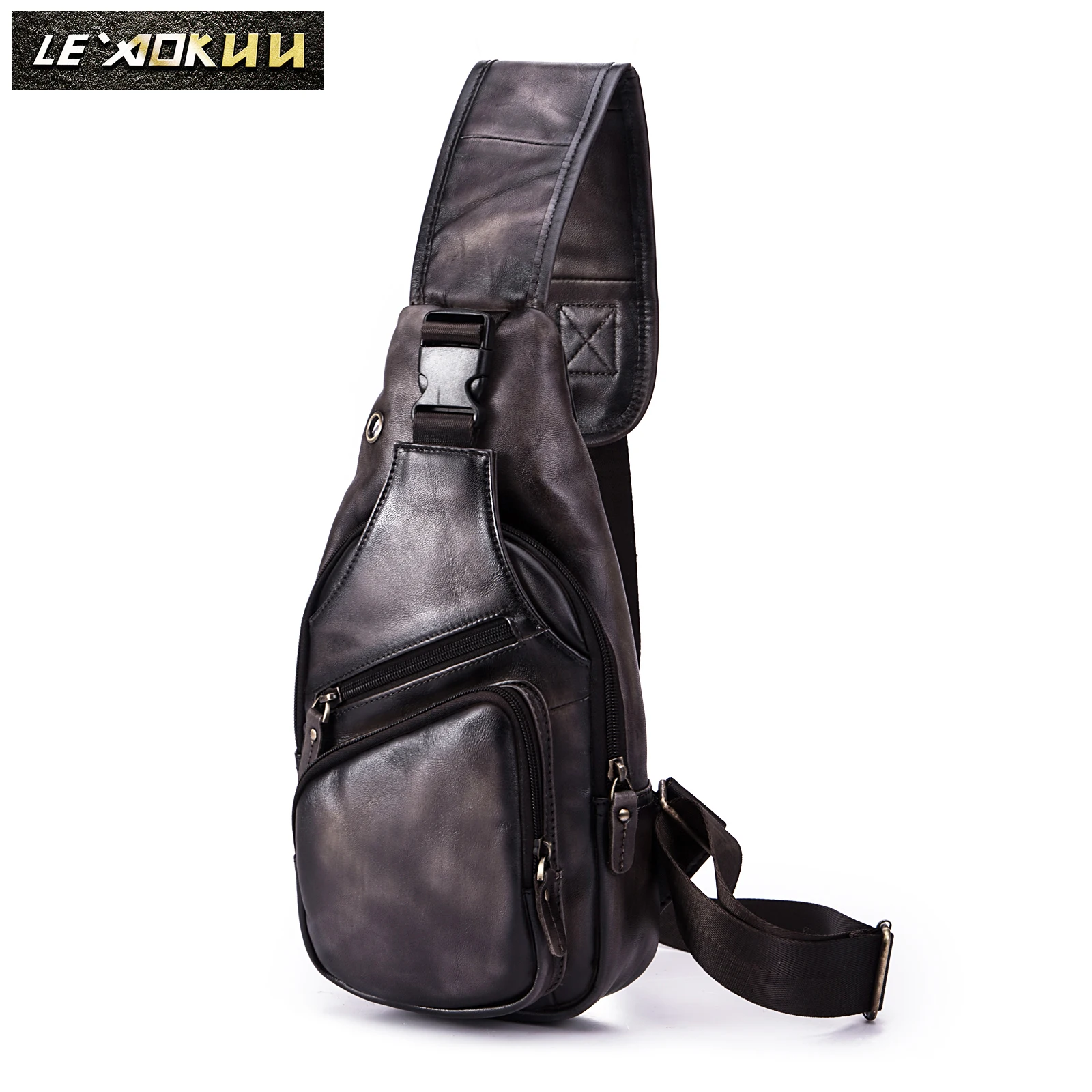 

Men Original Crazy horse Leather Casual Fashion Crossbody Chest Sling Bag Design Travel One Shoulder Bag Daypack Male 8015-dc