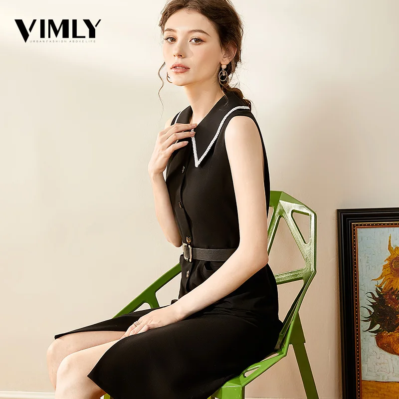 

Vimly Office Lady Black Sleeveless Dress Elegant Women A Line Spring Dresses Removable Belt Vintage Wear Stylish Dresses