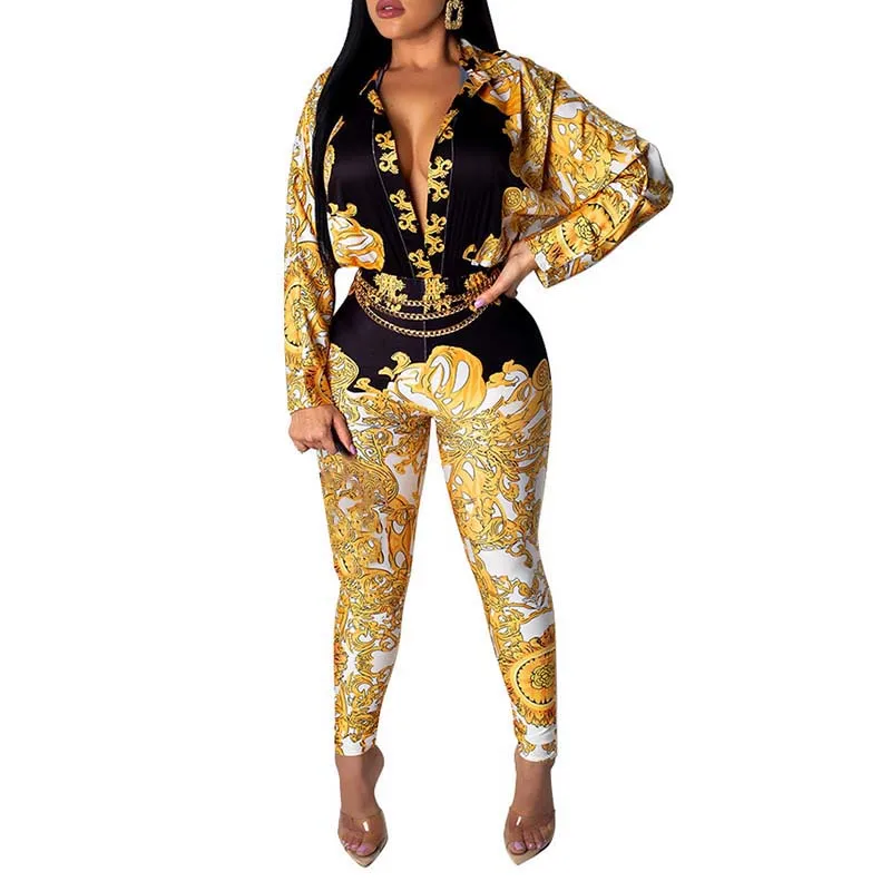 

Women's Jumpsuits Sexy Deep V-Neck Printed Long Sleeve Slim Bodycon Bodysuit Overall Fashion
