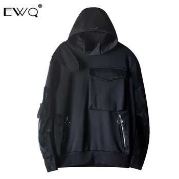 

EWQ / men's tops 2020 Spring new hip-hop multi-pocket overalls sweatshirt personality patchwork loose hooded pullover 9Y38201