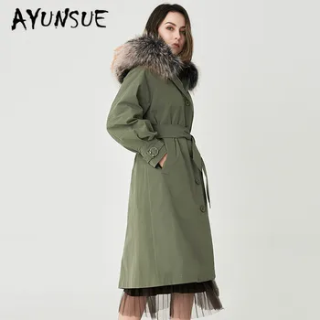 Online AYUNSUE Echt Pelzmantel Frauen Rex Rabbbit Pelzmantel Winter Mantel Frauen WaschbÀren Pelz Kragen Echtpelz Jacke Warme Parka TJ-192988YY1583