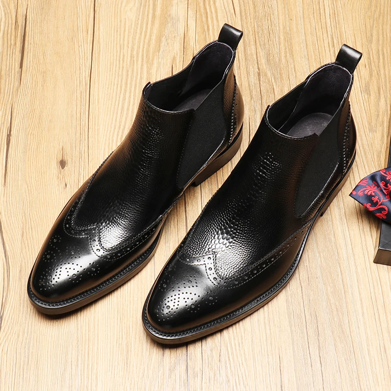 Модные черные/винно-красные ботинки челси Мужские модельные ботинки из натуральной кожи мужские ботильоны