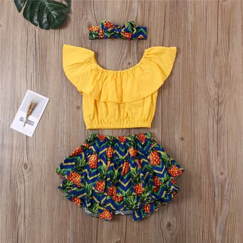 

Boho Summer Infant Baby Girls Clothes Sets Pineapple Watermelon Print Off Shoulder T Shirts Tops+Shorts+Headband Sunsuits 1-6Y