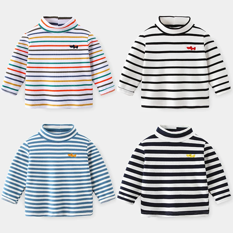 

2020 Spring Autumn Winter 2 3 4 6 8 10 Years Cartoon High Neck Pullover Basic Turtleneck Striped Soft T-Shirt For Kids Baby Boy