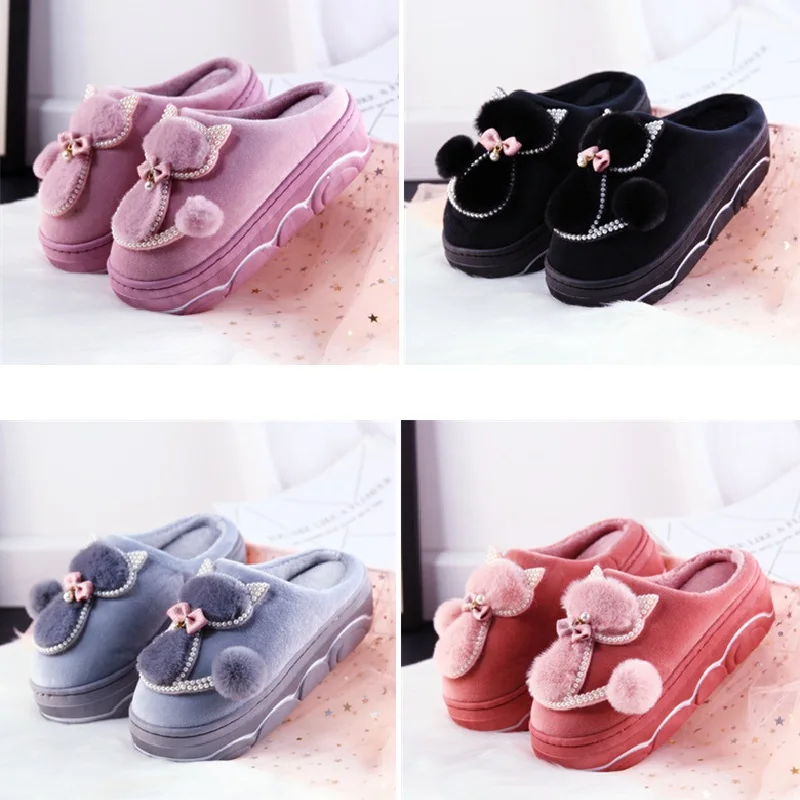 Preise Cut Cat Hausschuhe Winter Frauen Hause Schuhe Mit Perle Baumwolle Mode Plätschern Denken Einzige Flache Hausschuhe Dame Schuhe Plattform