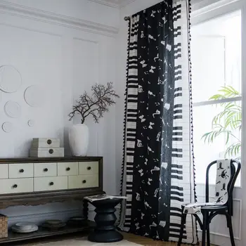 

Piano Printed Tassel Curtains American Style Window Drapes Cotton Linen Kitchen Curtain Country Style Window Decor Living Room