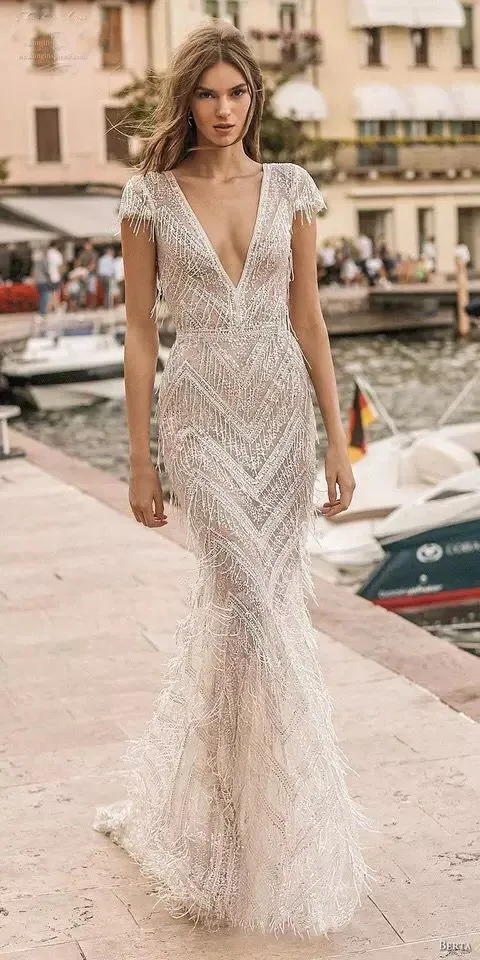 

BacklakeGirls 2019 New Sexy Deep V Neck Sequned Luxury Evening Dresses Short Sleeves Open Back Women Mermaid Formal Party Dress