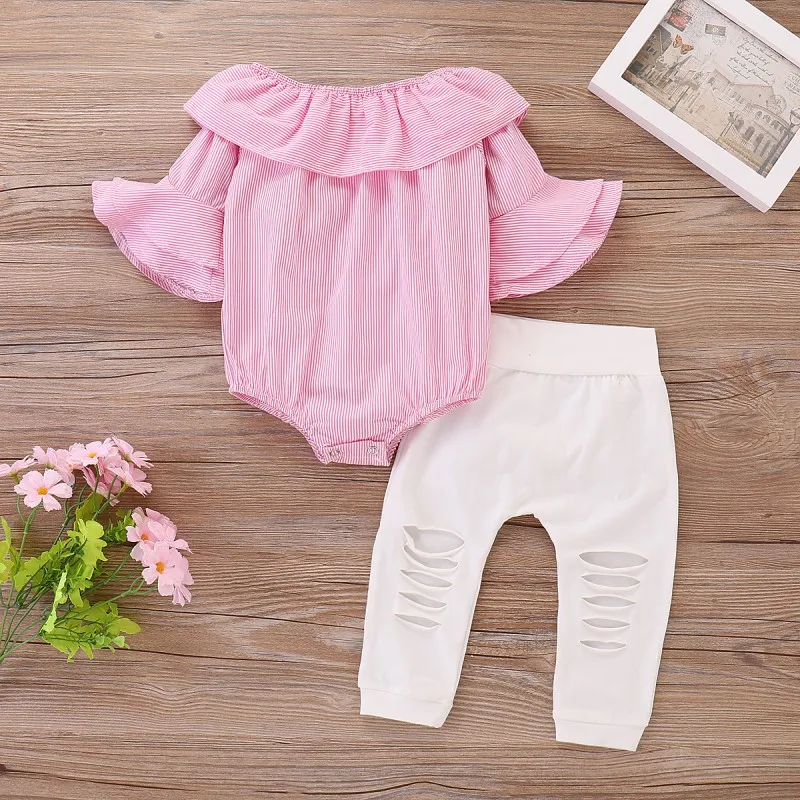 

Newborn Baby Girls Casual Spring Autumn Red Flare Sleeve Solid Color Cotton Clothes Printed Tops + Hole Pants Set