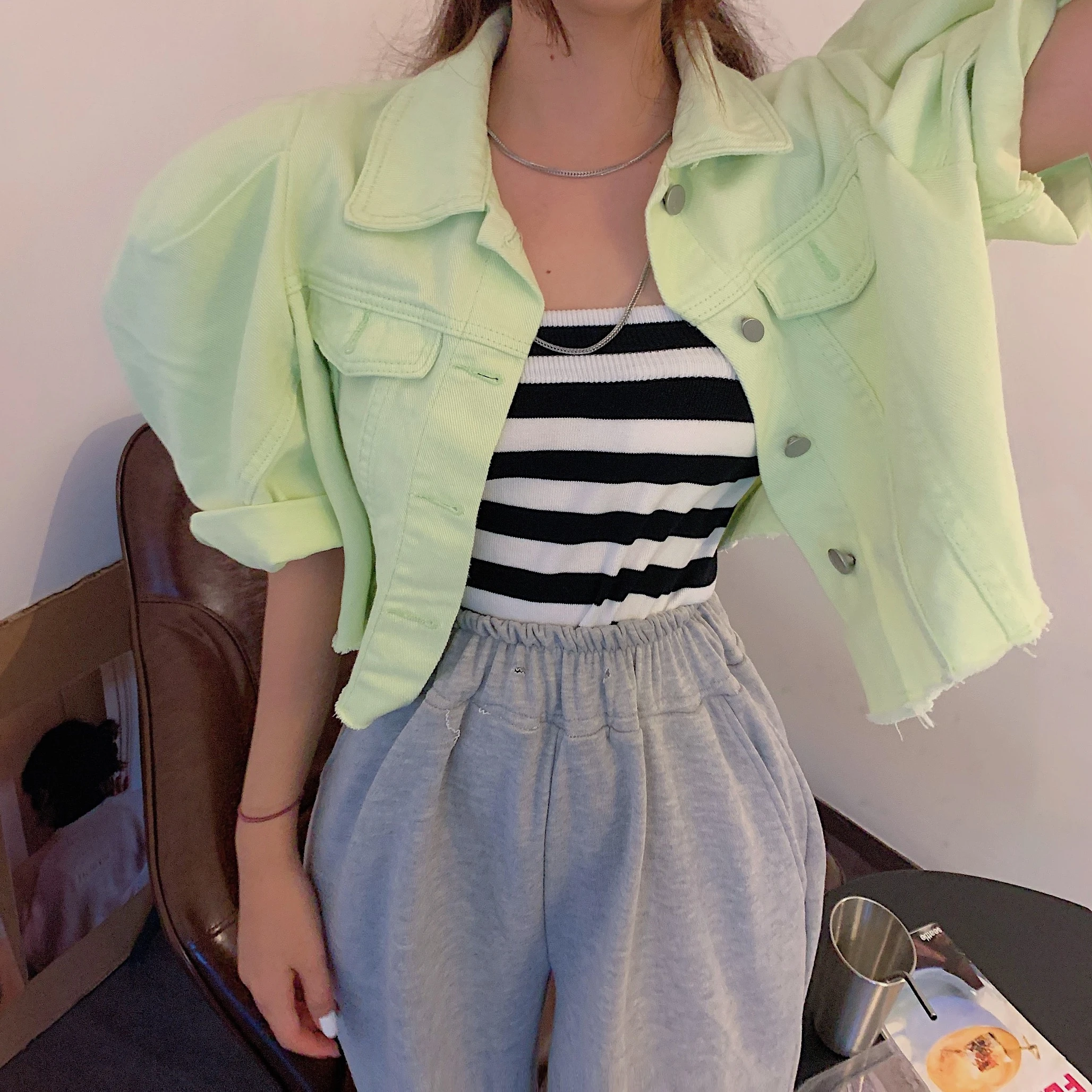 cropped denim jacket 3 4 sleeve