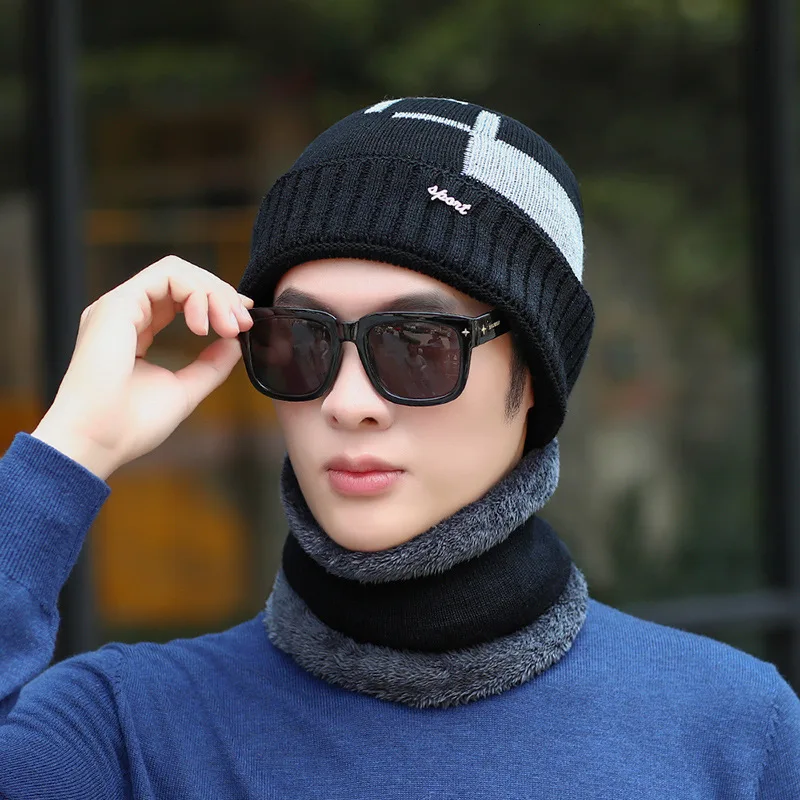 GKGJ мужские зимние трикотажные изделия Beanie набор шапки и шарфа теплые вязаные с