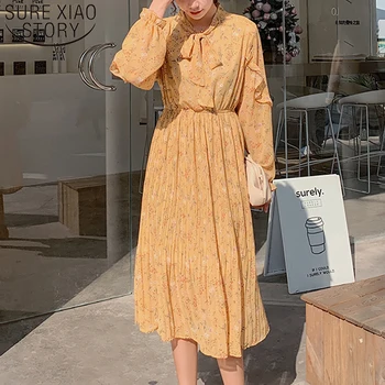 

2020 Spring Flare Sleeve Ruffles A-Line Print Chiffon Dress Women Empire Bow Elegant Dress Vintage Floral Dress Women 8550 50