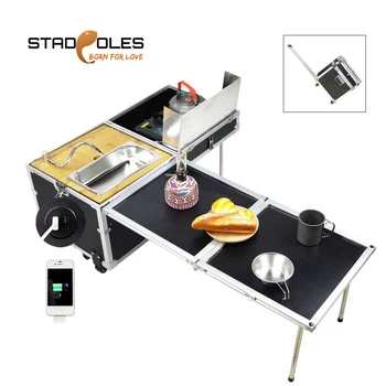 

S-tadpoles Outdoor Kitchen Portable Folding Kitchen Hiking Camping Cooking Table With Wind Shield Camping Storage USB Charge
