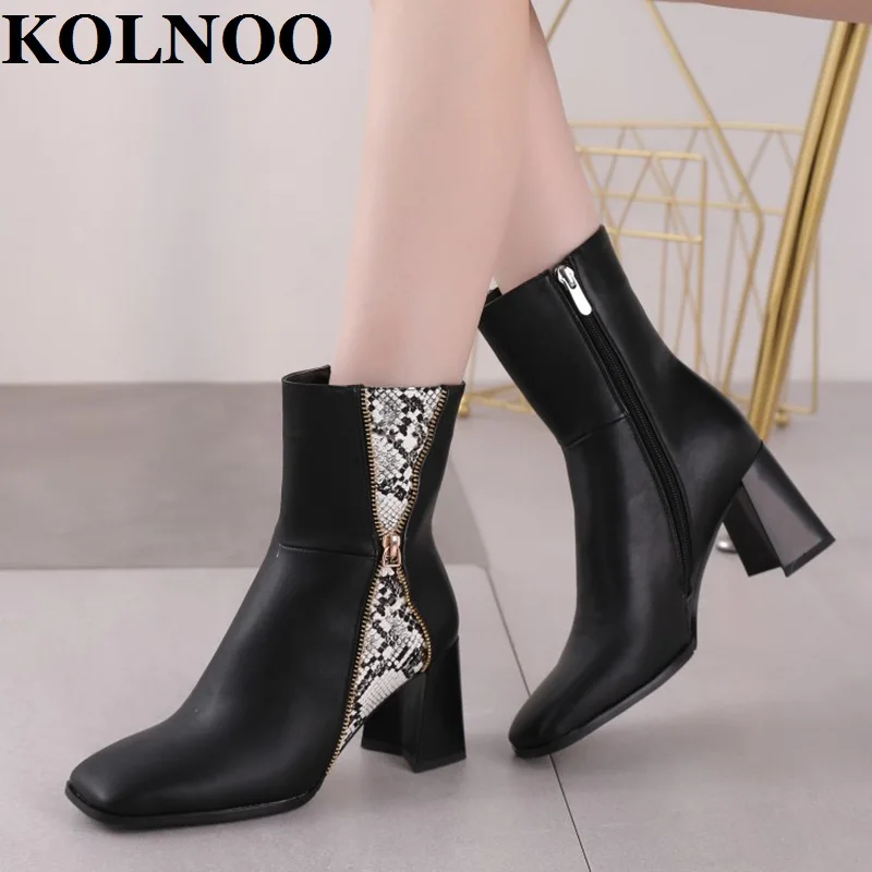 

Kolnoo New 2022 Style Handmade Womens Chunky Heels Boots Eurolish Patchwork Leather Ankle Boots Sexy Party Fashion Winter Shoes