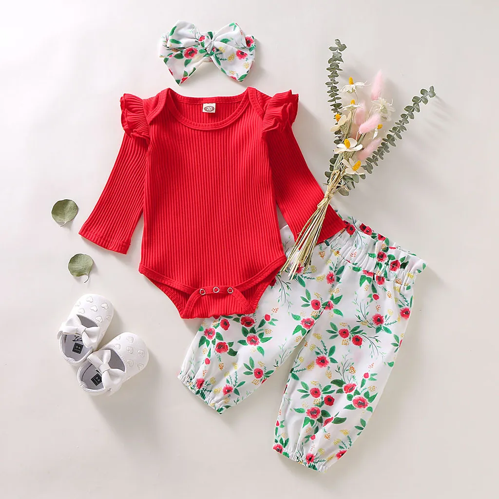 Одежда для новорожденных Одежда для маленьких девочек одежда для маленьких мальчиков Прочный Комбинезон с оборками, боди+ штаны с цветочным рисунком+ повязка на голову roupa infantil Z4