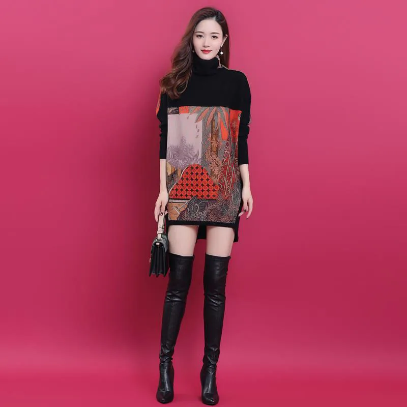 

Bnwige Sexy Print Dress Female Knitting O Neck Irregular Bat Sleeve High Waist Mini Dresses Autumn And Winter Fashion Sweet New