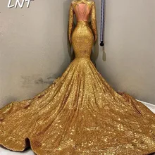 V образным вырезом золотые блестки Русалка Выпускные платья с длинными рукавами Пышное Платье официальная одежда